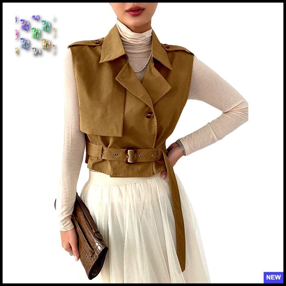 Sleeveless Cropped Trench Coat Belted Lapel Collar Vest Chic Minimal Elegant